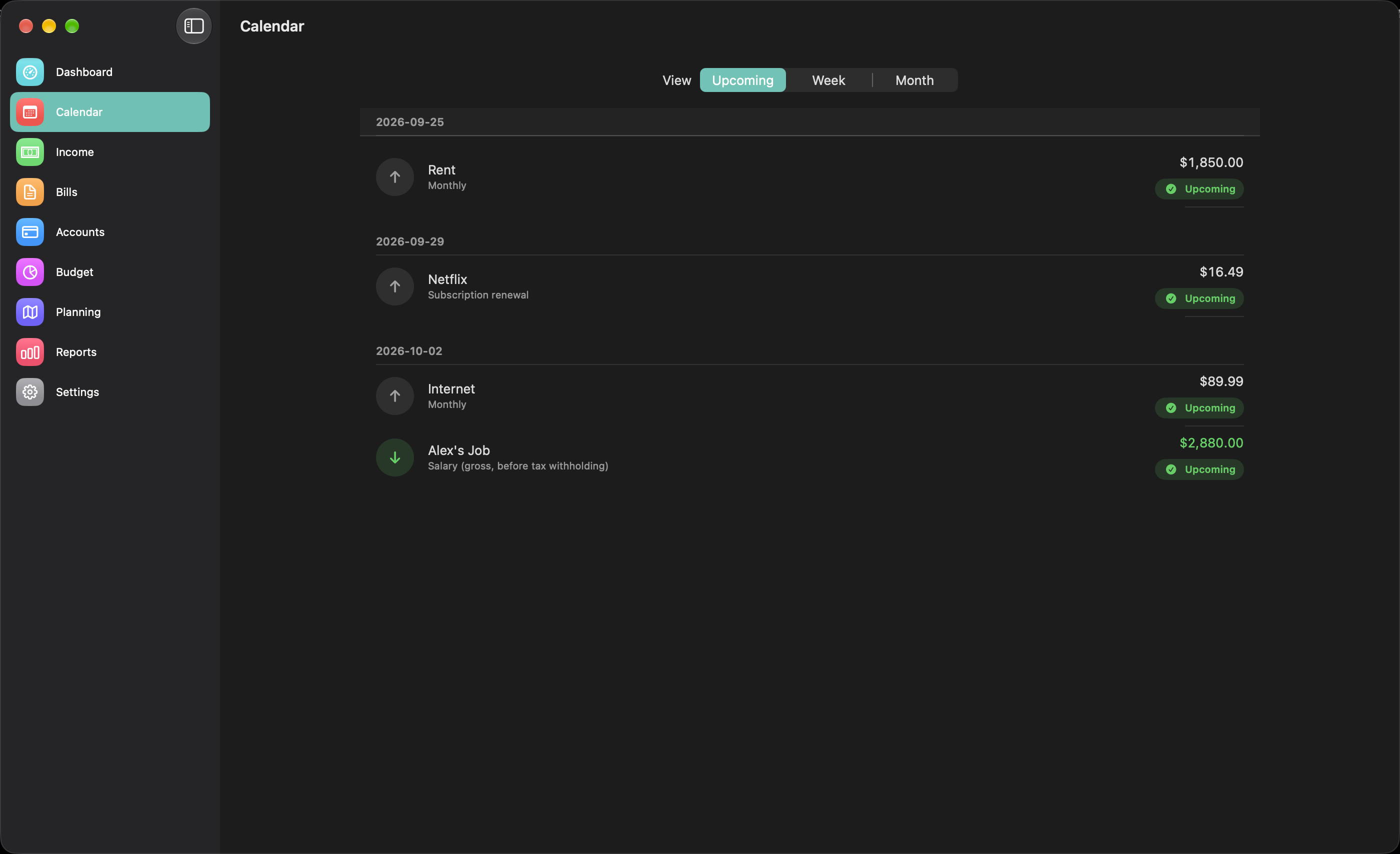 Calendar view of upcoming bills, subscriptions, and paydays
