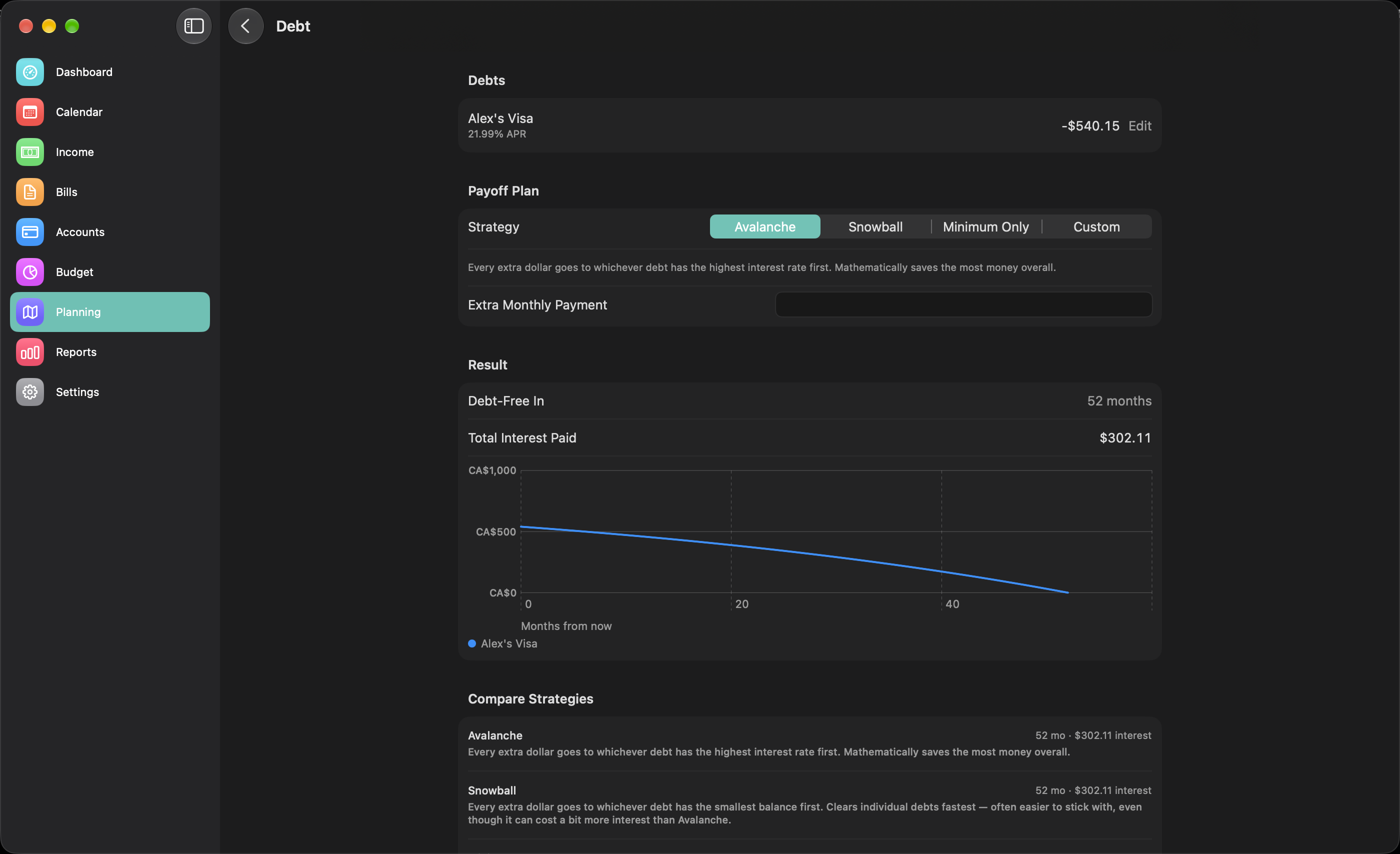 Debt payoff plan comparing Avalanche, Snowball, and custom strategies