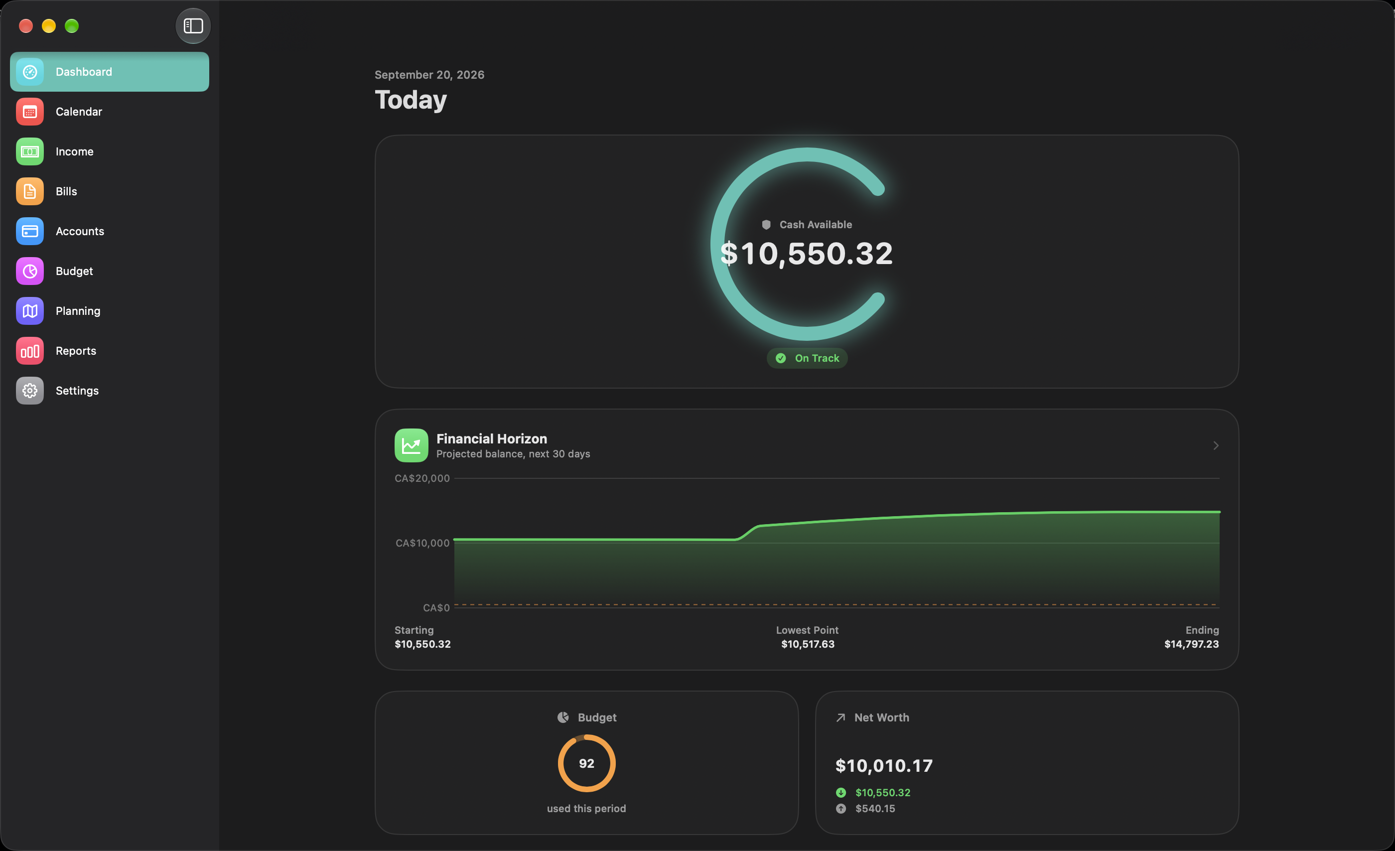 CashWard Dashboard with the Guardian Ward cash-available ring and 30-day Financial Horizon chart