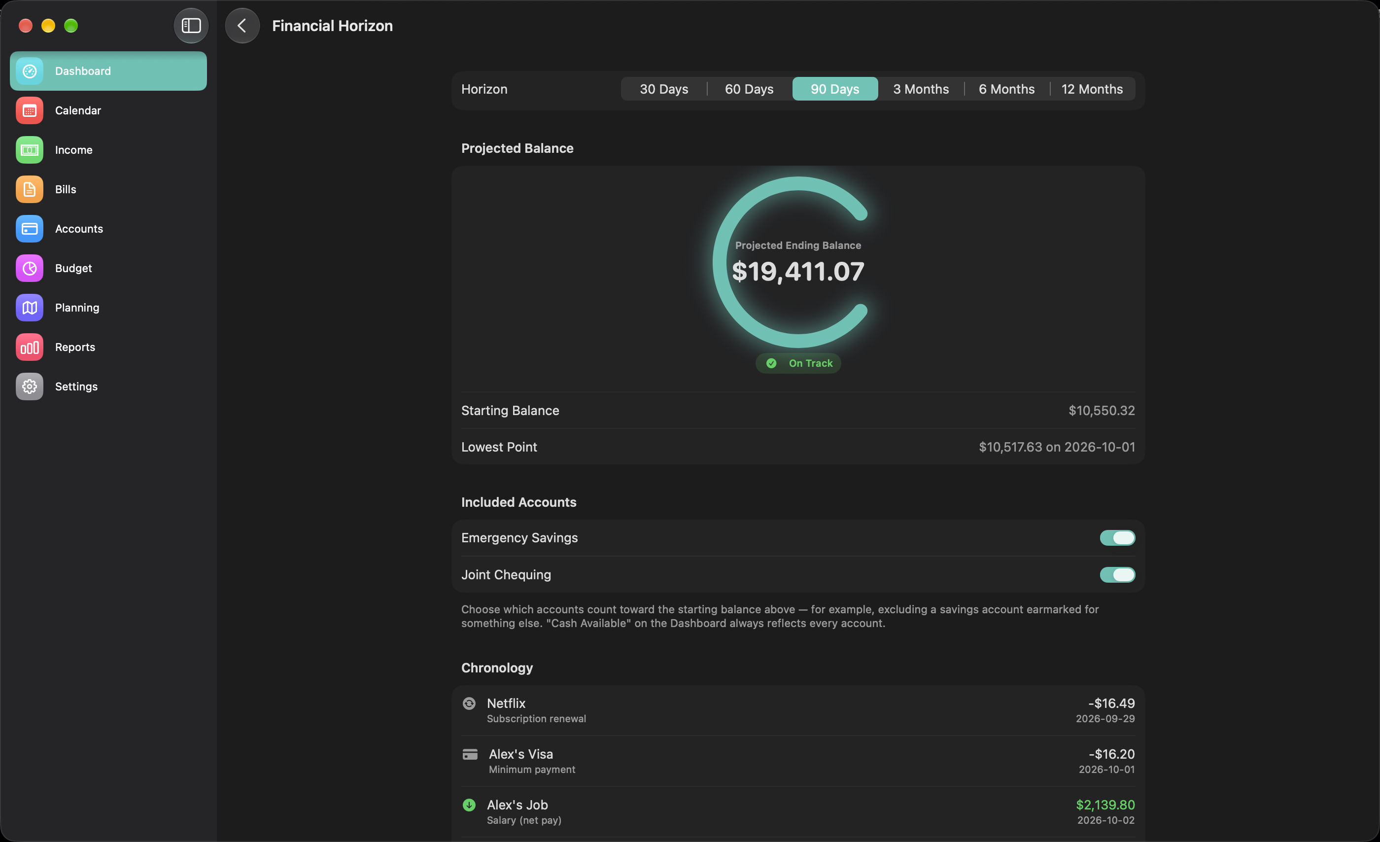 Financial Horizon projected balance chart, 90 days ahead