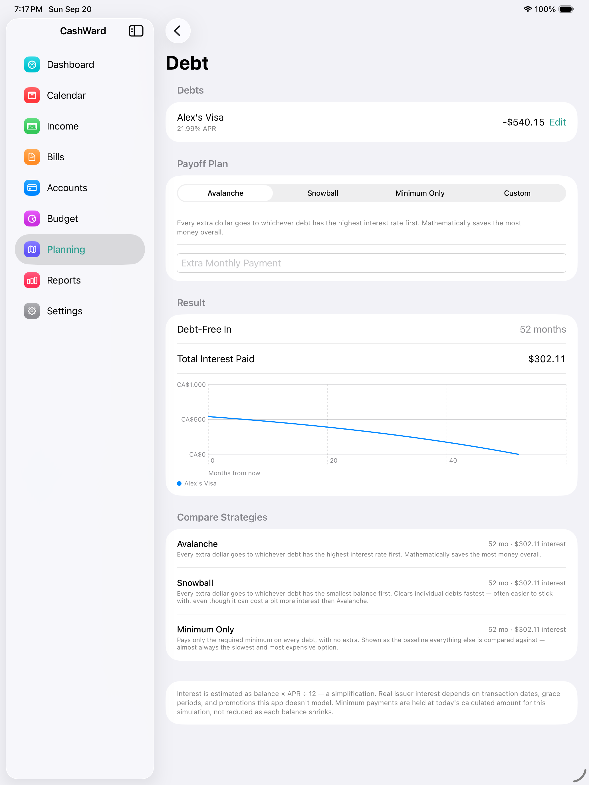 Debt payoff plan on iPad comparing Avalanche, Snowball, and custom strategies