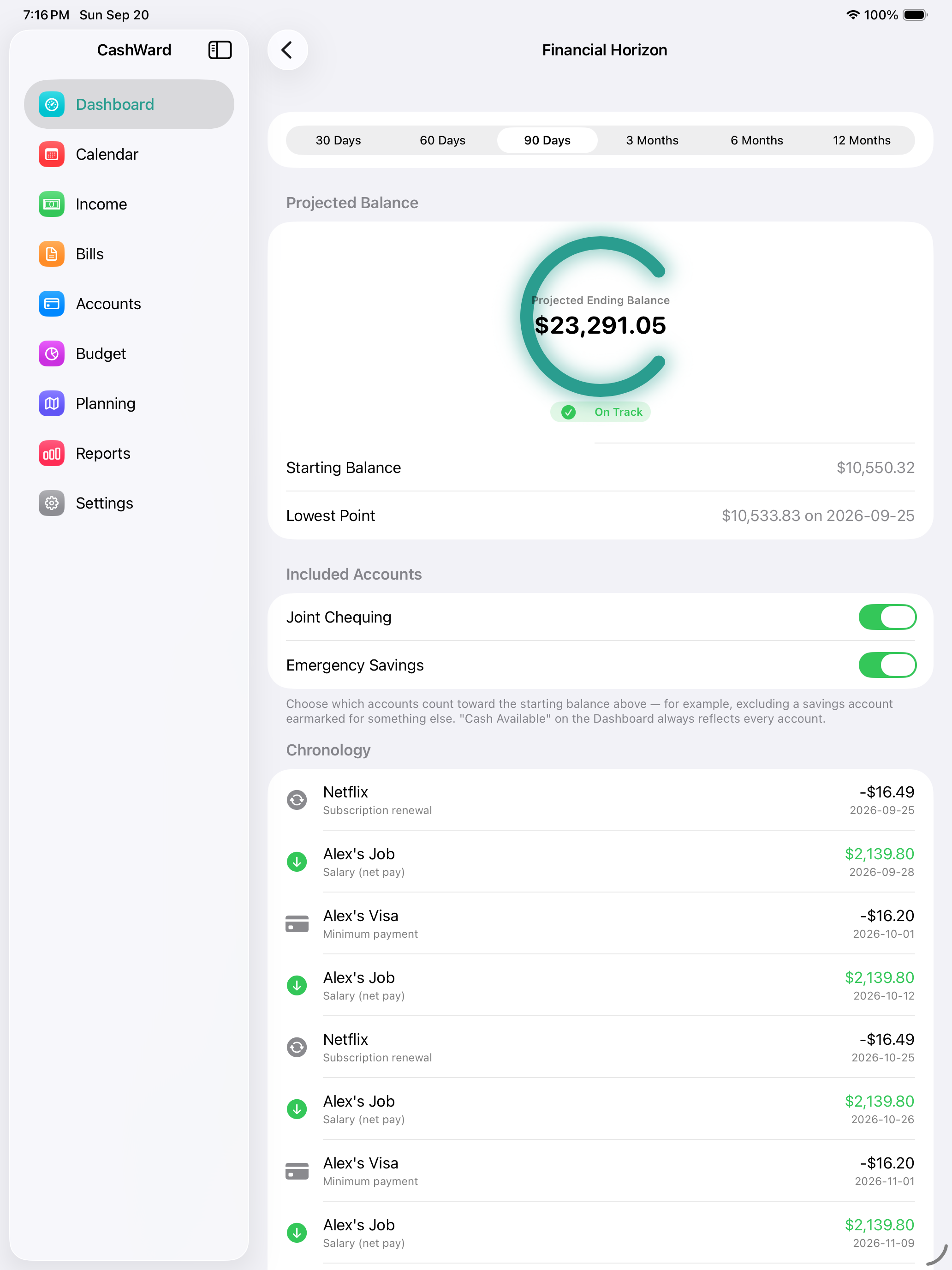 Financial Horizon on iPad, projected balance 90 days ahead