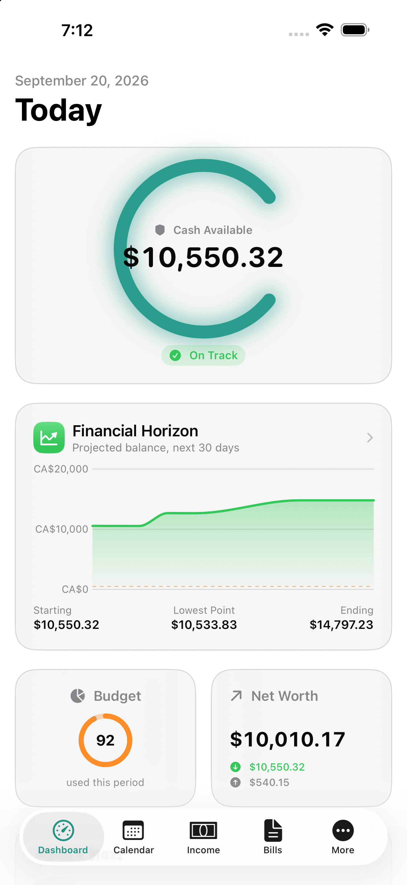 CashWard Dashboard on iPhone with the Guardian Ward cash-available ring