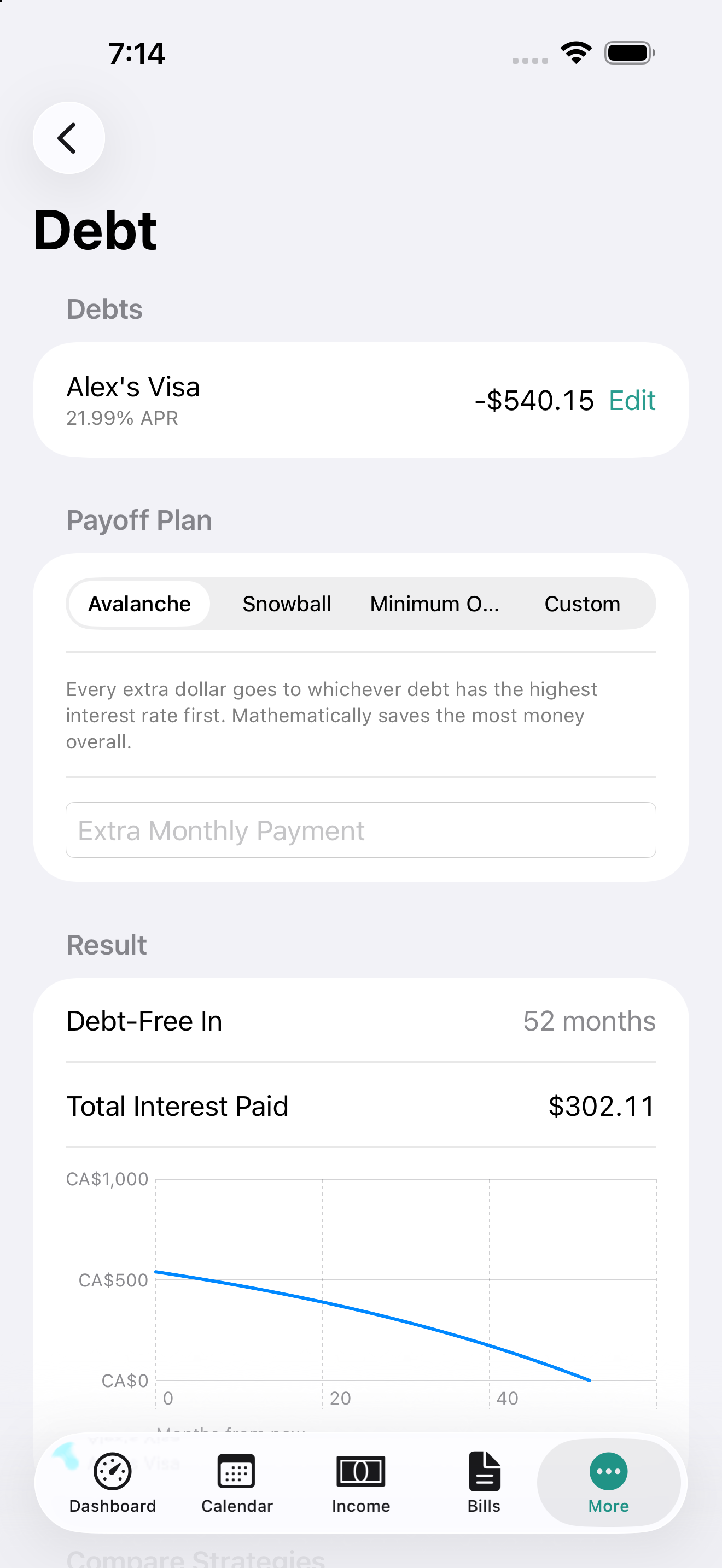 Debt payoff plan on iPhone comparing Avalanche, Snowball, and custom strategies