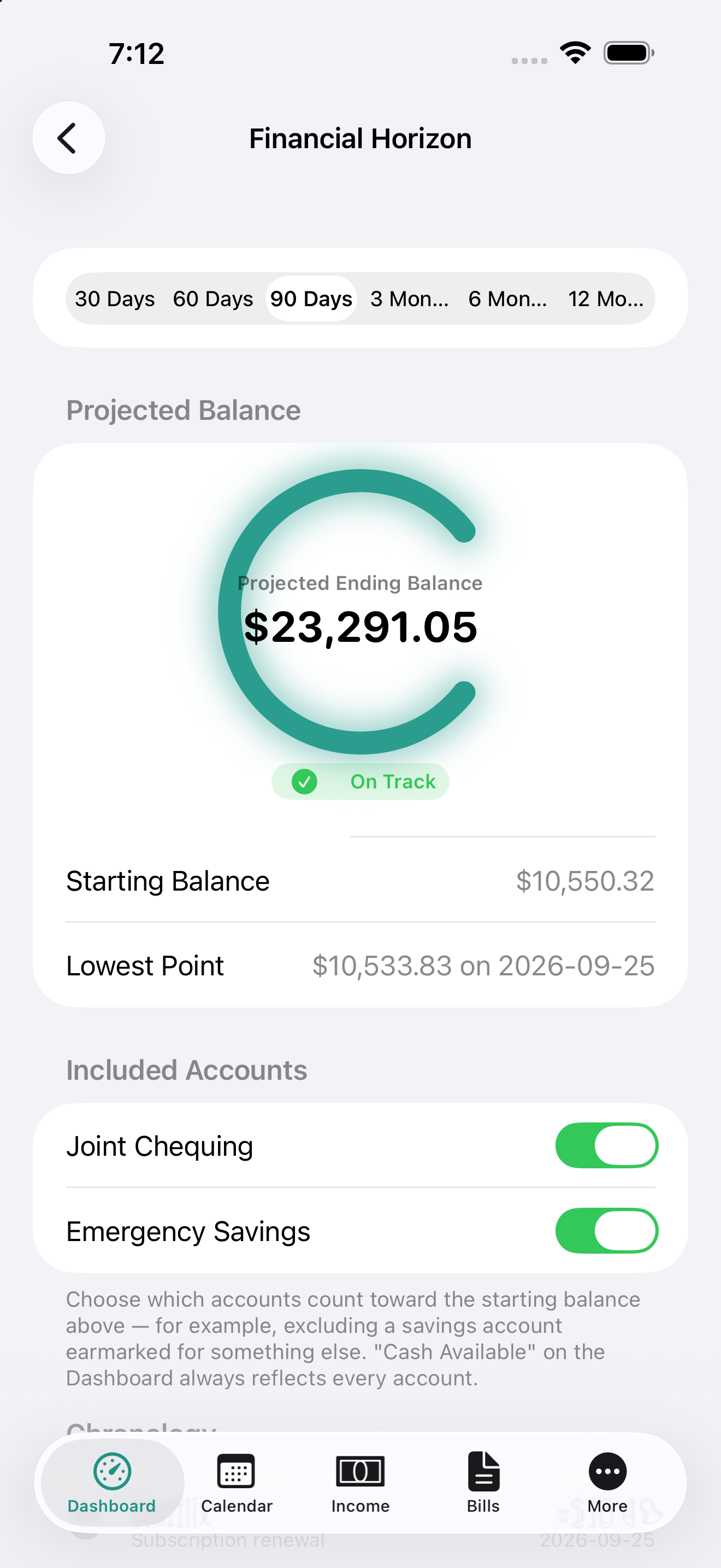 Financial Horizon on iPhone, projected balance 90 days ahead