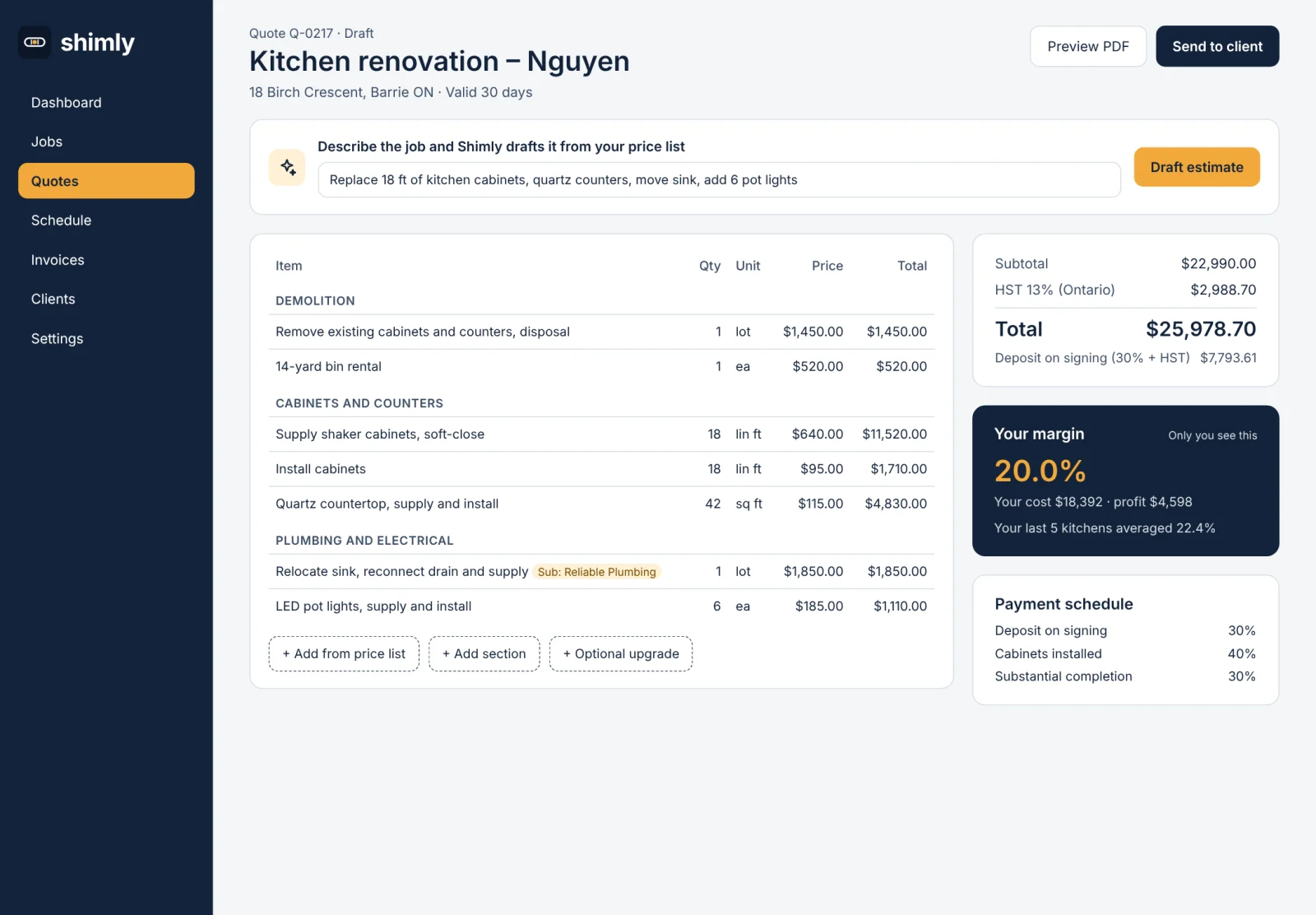 The shimly estimate builder: a Describe the job bar, line items, a private margin card and a payment schedule