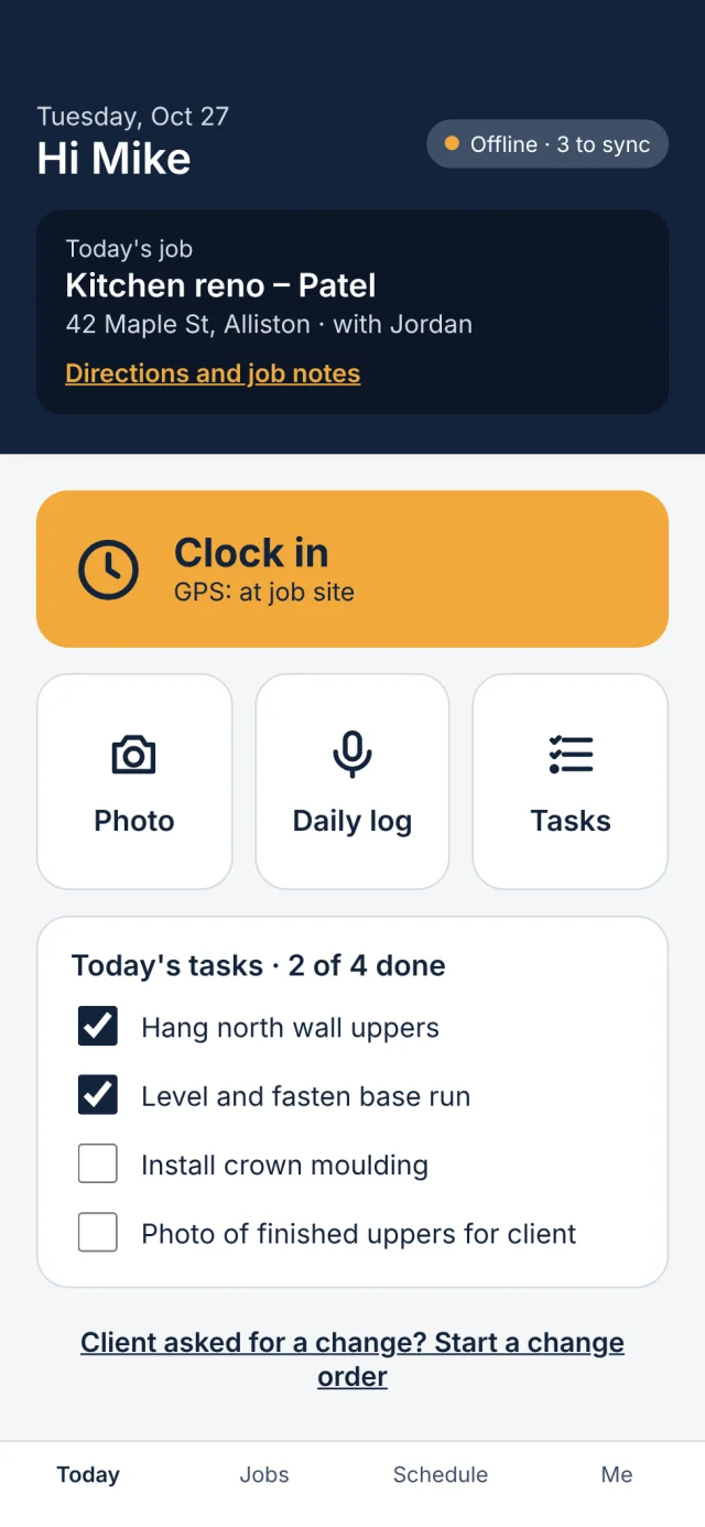 The shimly field app with a big Clock in button and Photo, Daily log and Tasks