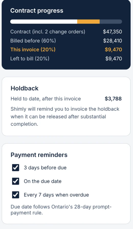 Contract progress, holdback held to date, and automatic payment reminders