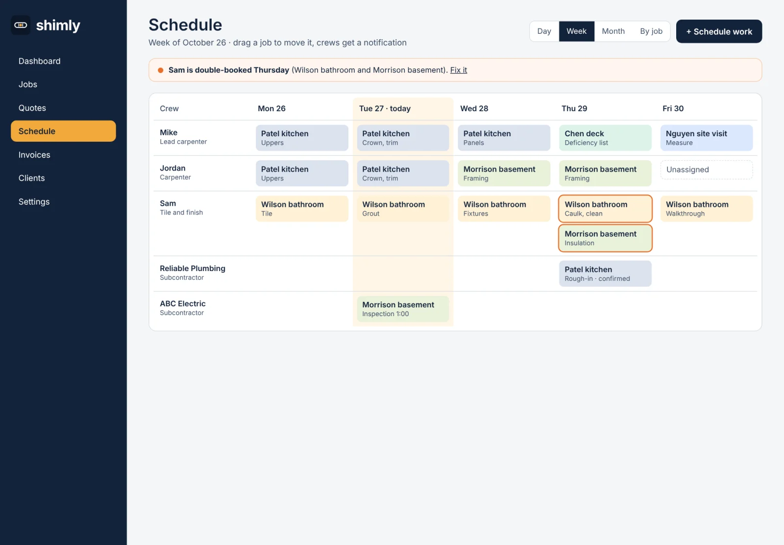 The shimly crew schedule: a week grid by crew member with a double-booking warning