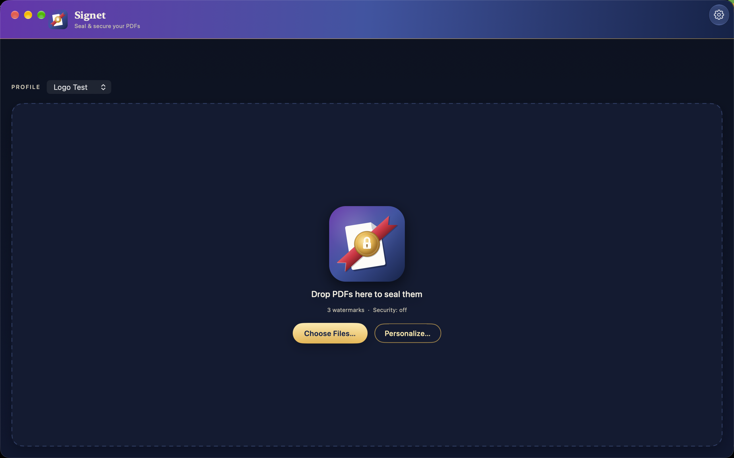Signet main window with a drop zone for PDFs