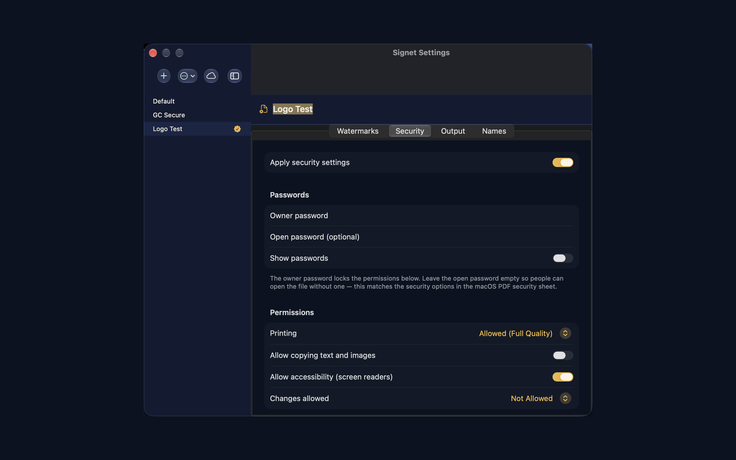 Password and permission settings