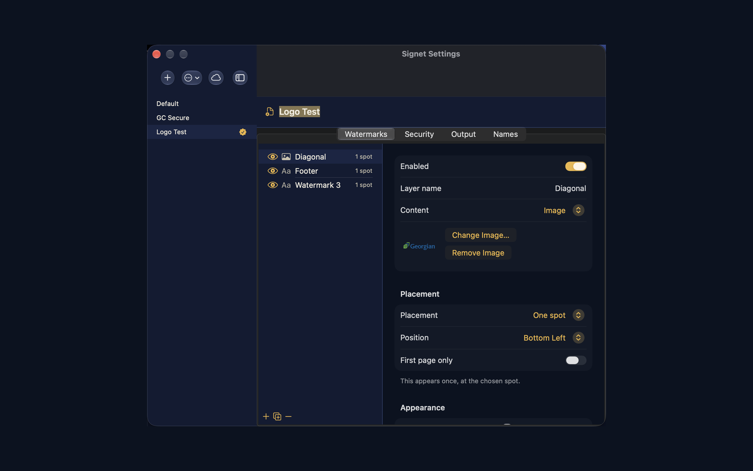 Watermark layers and placement controls