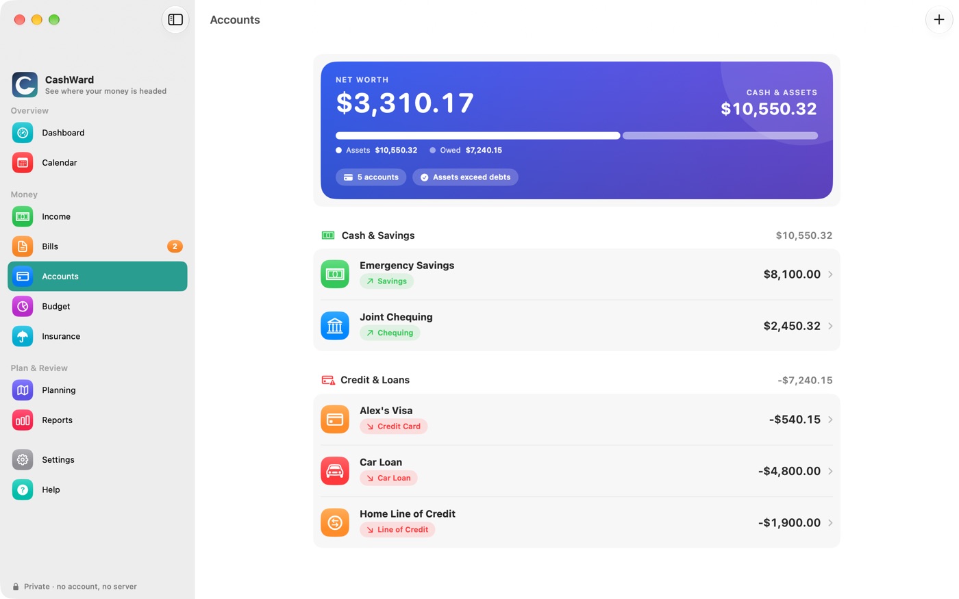 The Accounts screen with a net worth card and accounts grouped into cash, credit and loans