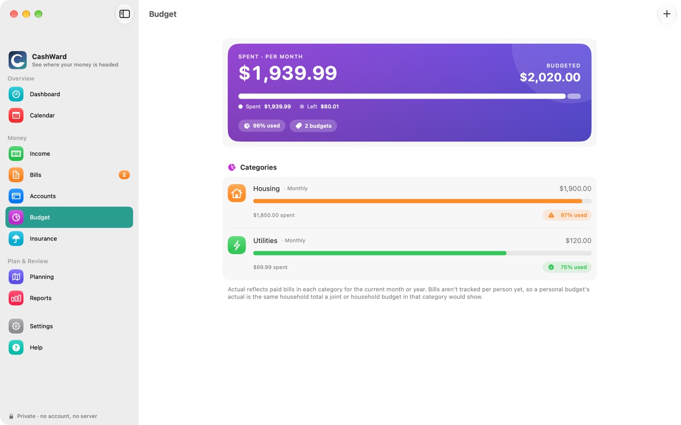 The Budget screen with spent versus budgeted and a progress bar for each category