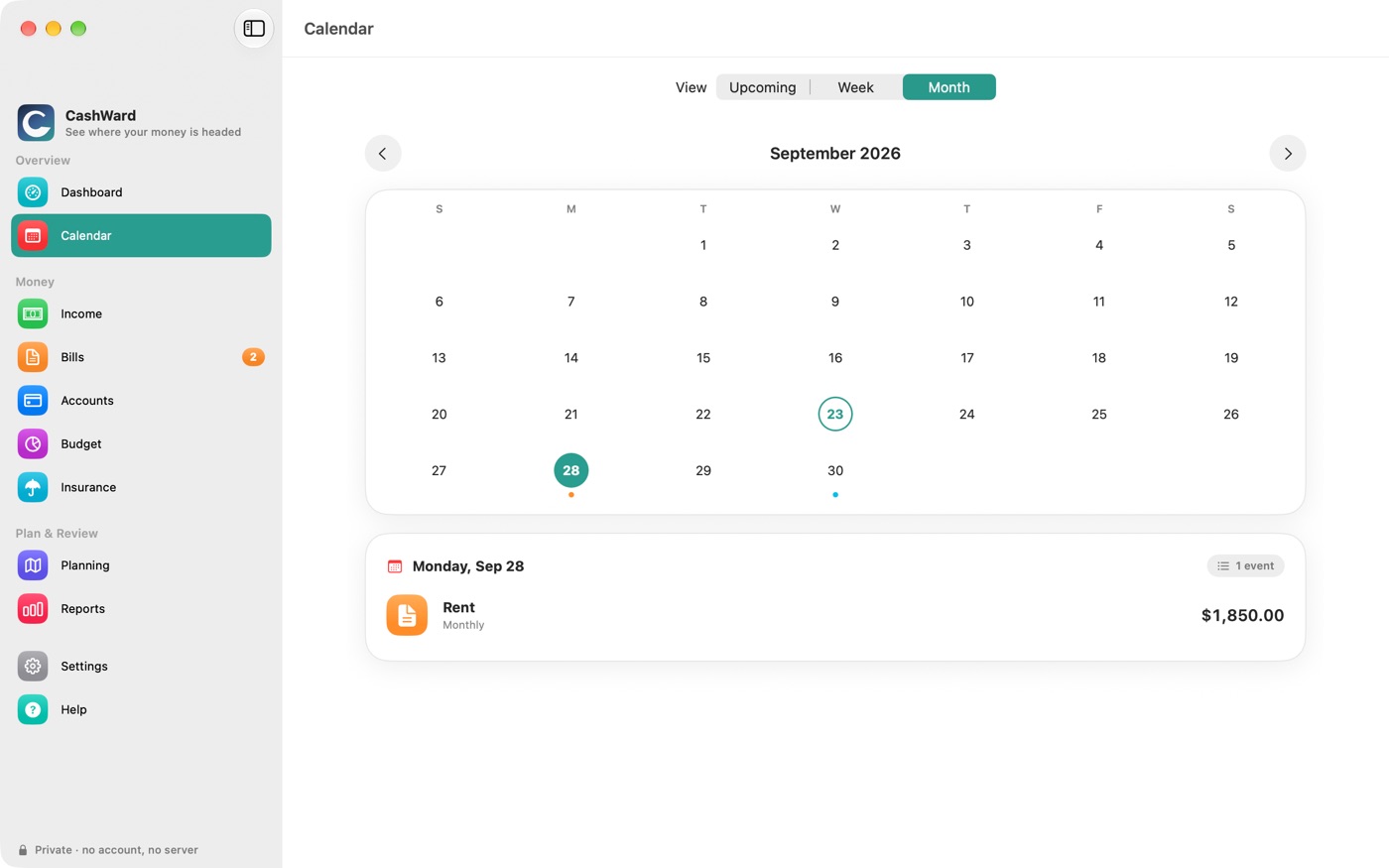 The month view with coloured dots on days that have events