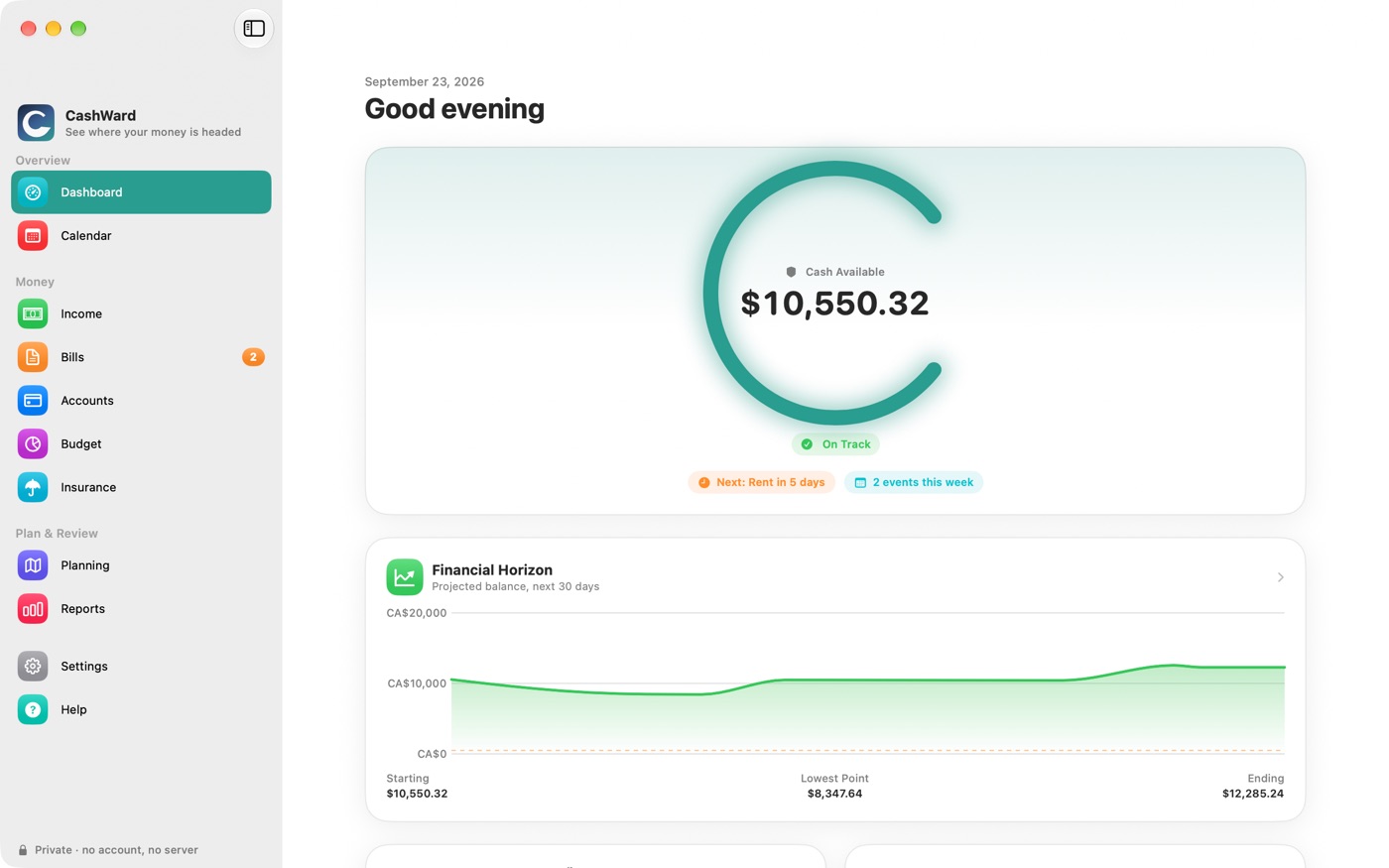 The CashWard Dashboard on Mac with the sidebar on the left