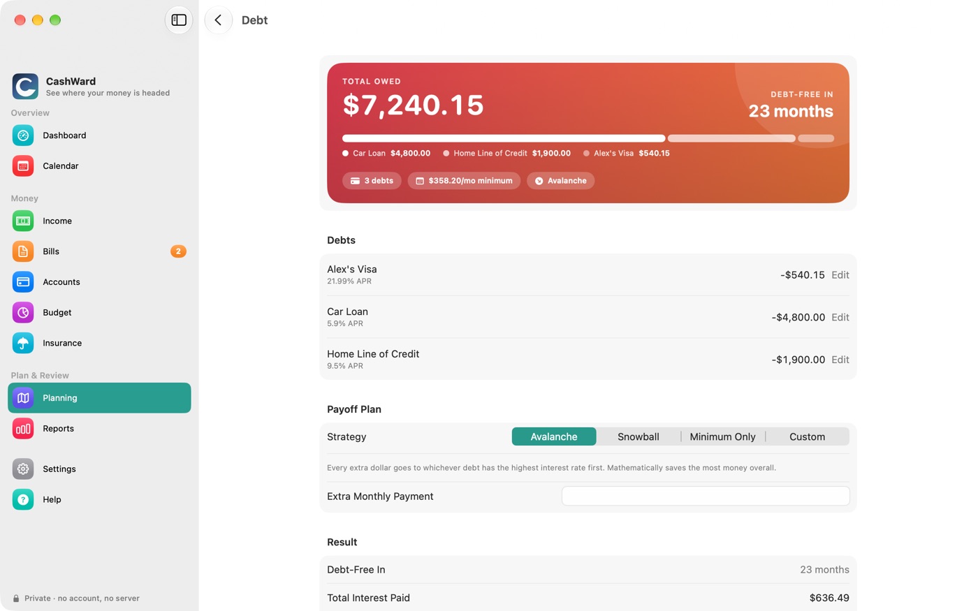 The Debt screen with total owed, debt-free date and payoff strategies