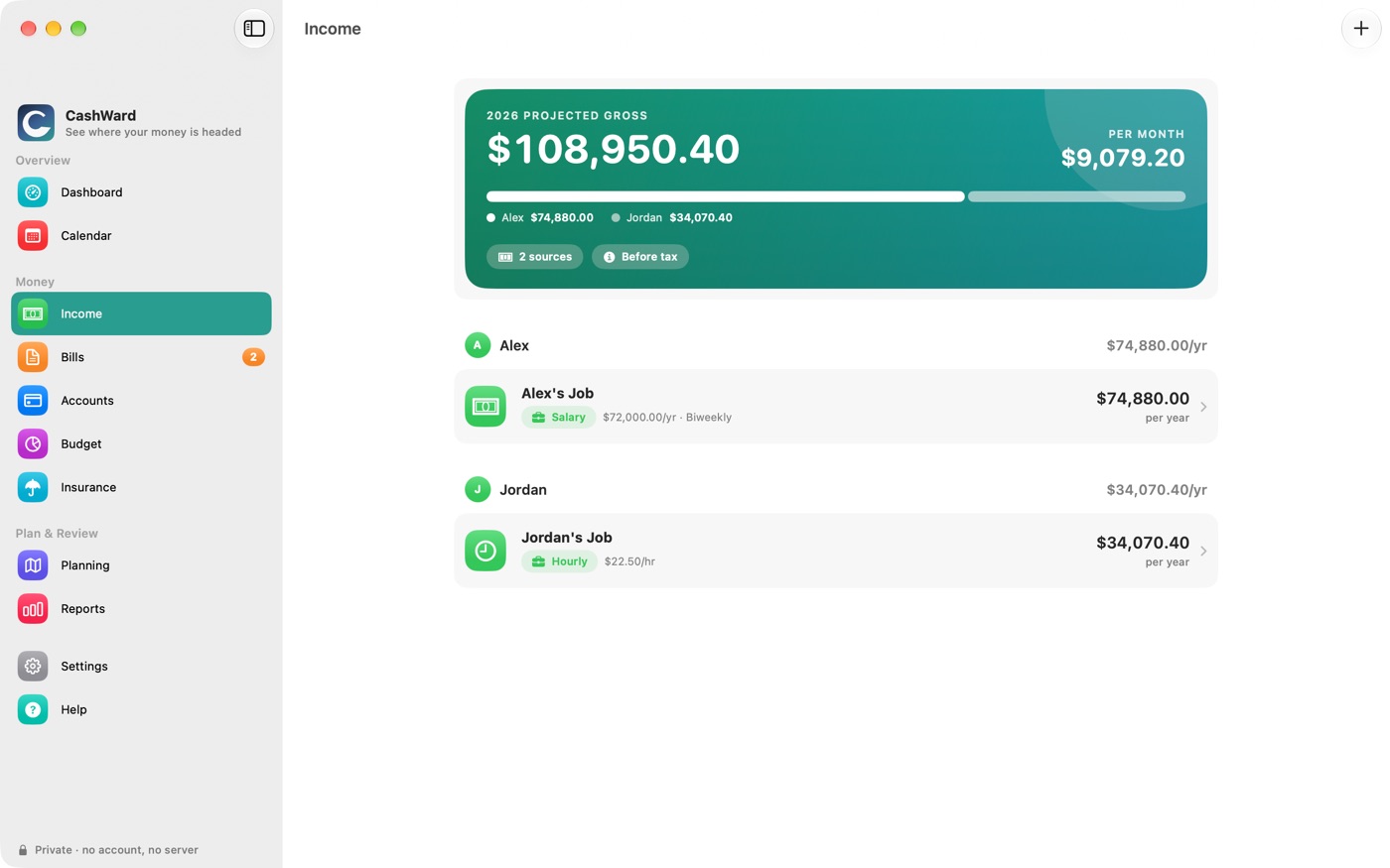 The Income screen with a projected gross card and a person-by-person list of income sources