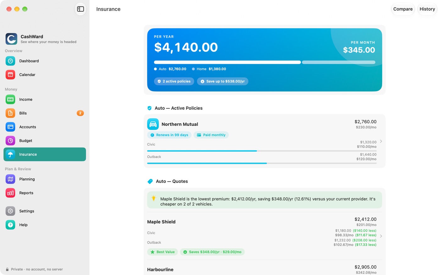 The Insurance screen with a What You Pay card, active policies and quotes with a Best Value chip