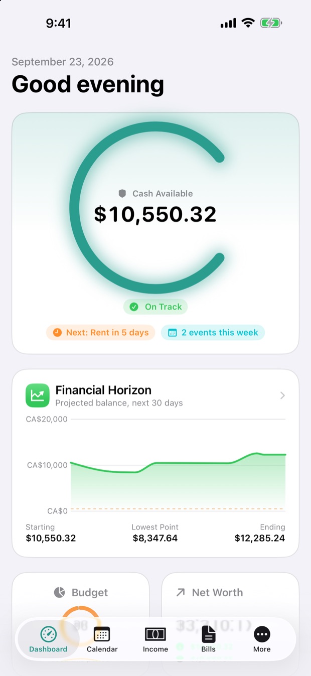The CashWard Dashboard on iPhone with the tab bar