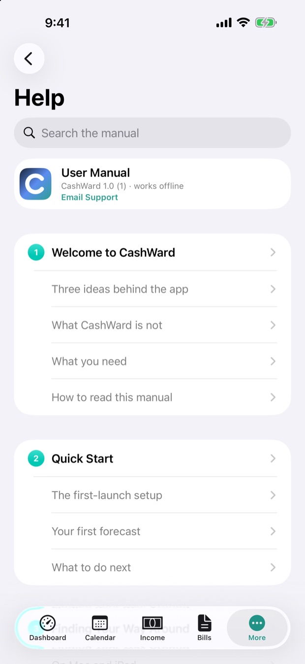 The Help contents list on iPhone