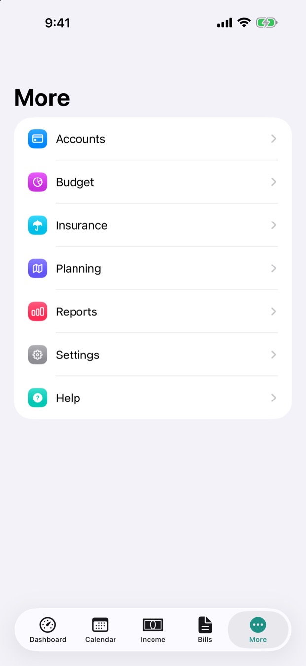 The More list on iPhone showing Accounts, Budget, Insurance, Planning, Reports, Settings and Help