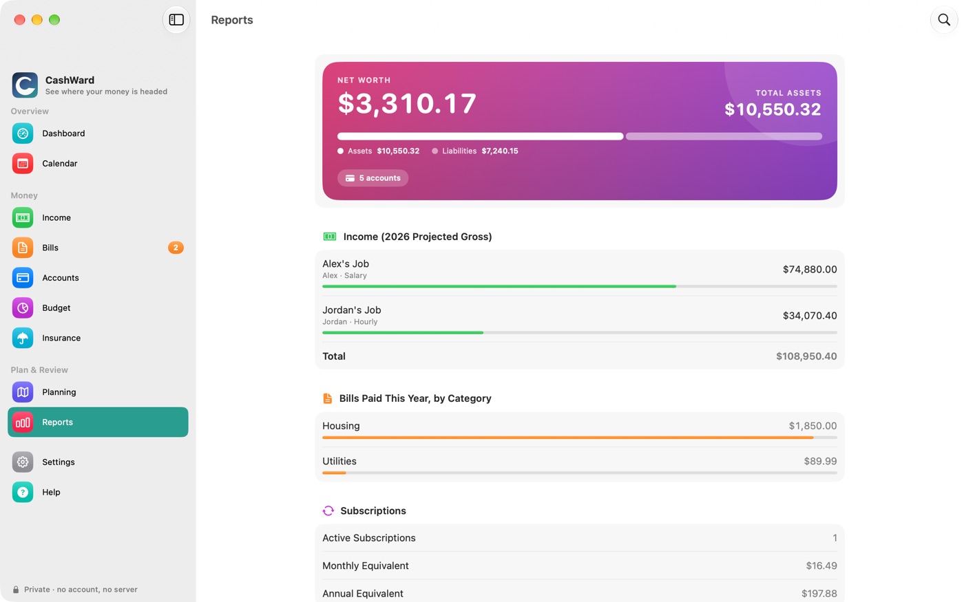 The Reports screen with a net worth card and summaries of income, bills, subscriptions, debt, budget and taxes