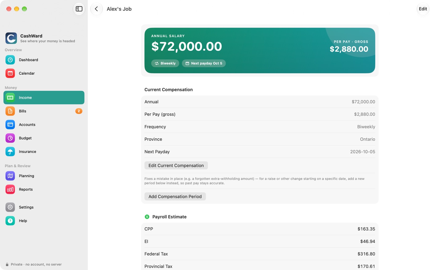 A salary income source with the annual amount, per-pay gross and estimated payroll
