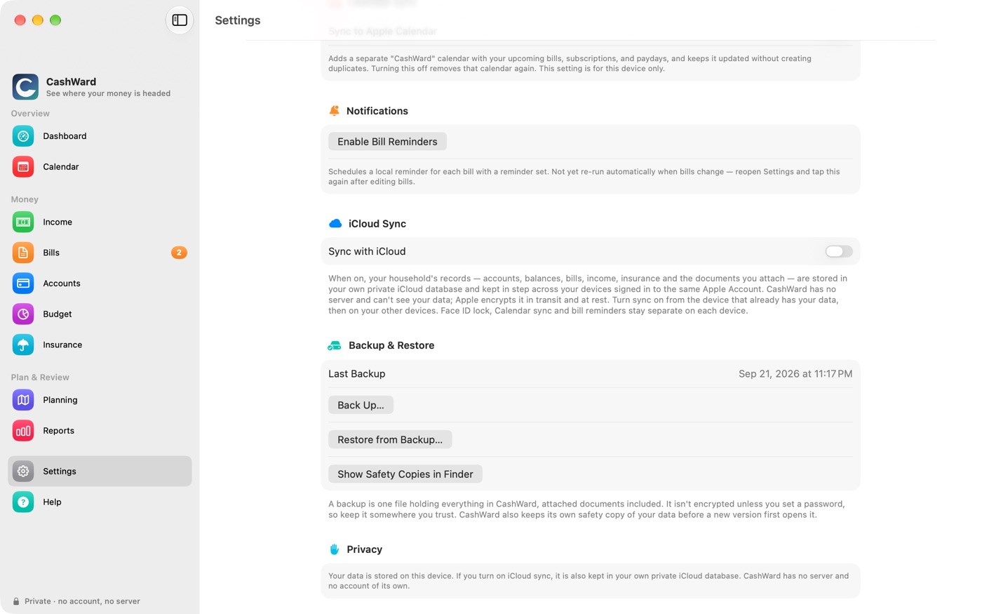 Settings with the Backup and Restore section showing the last backup date, Back Up and Restore buttons