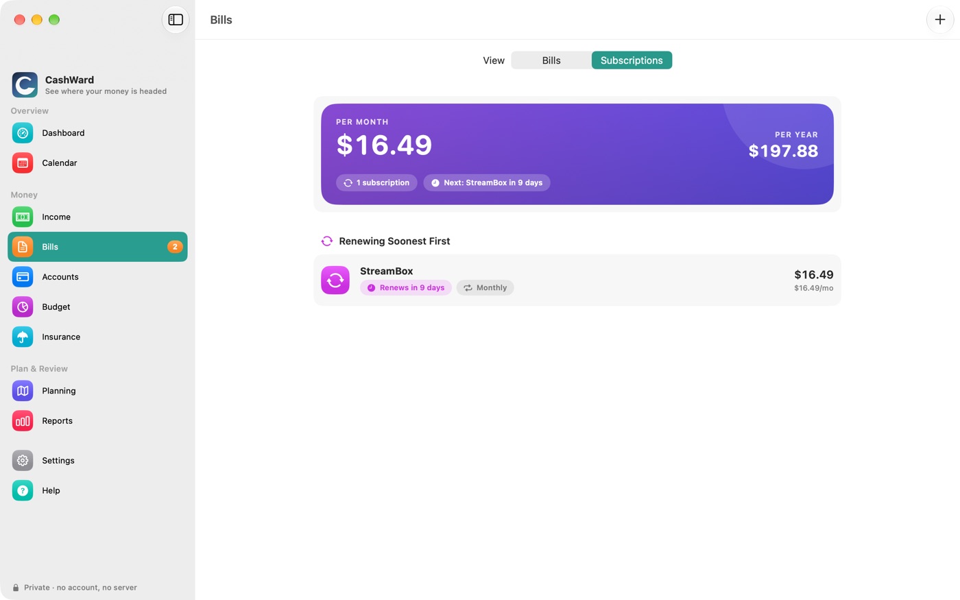 The Subscriptions tab with monthly and yearly totals