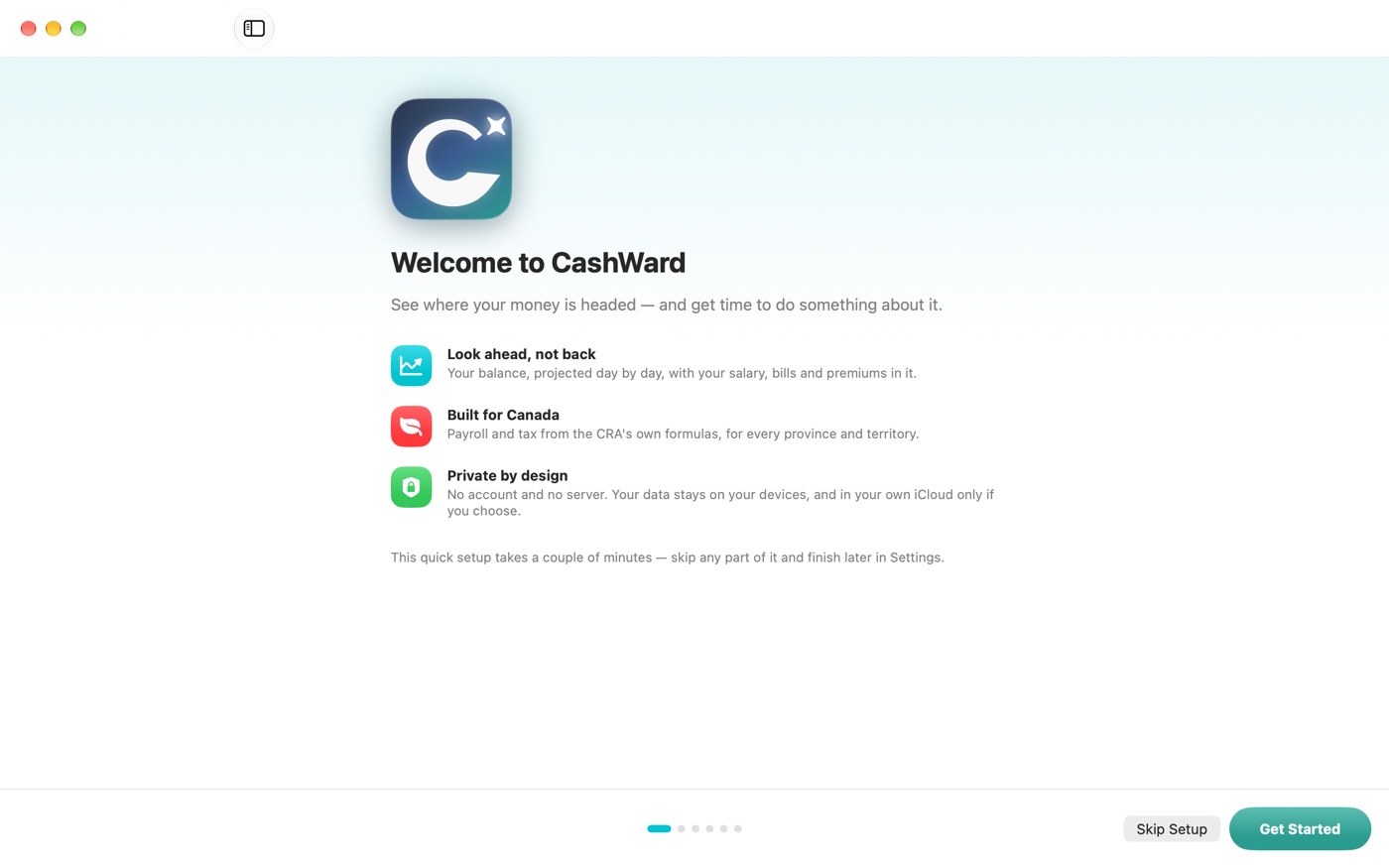 The CashWard welcome screen with the animated mark and three highlights